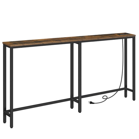 HOOBRO 5.9" Skinny Console Table with Charging Station, 63" Narrow Console Table with Power Outlets, Long and Thin Sofa Table, Slim Entryway Table, Rustic Brown BF165UXG01