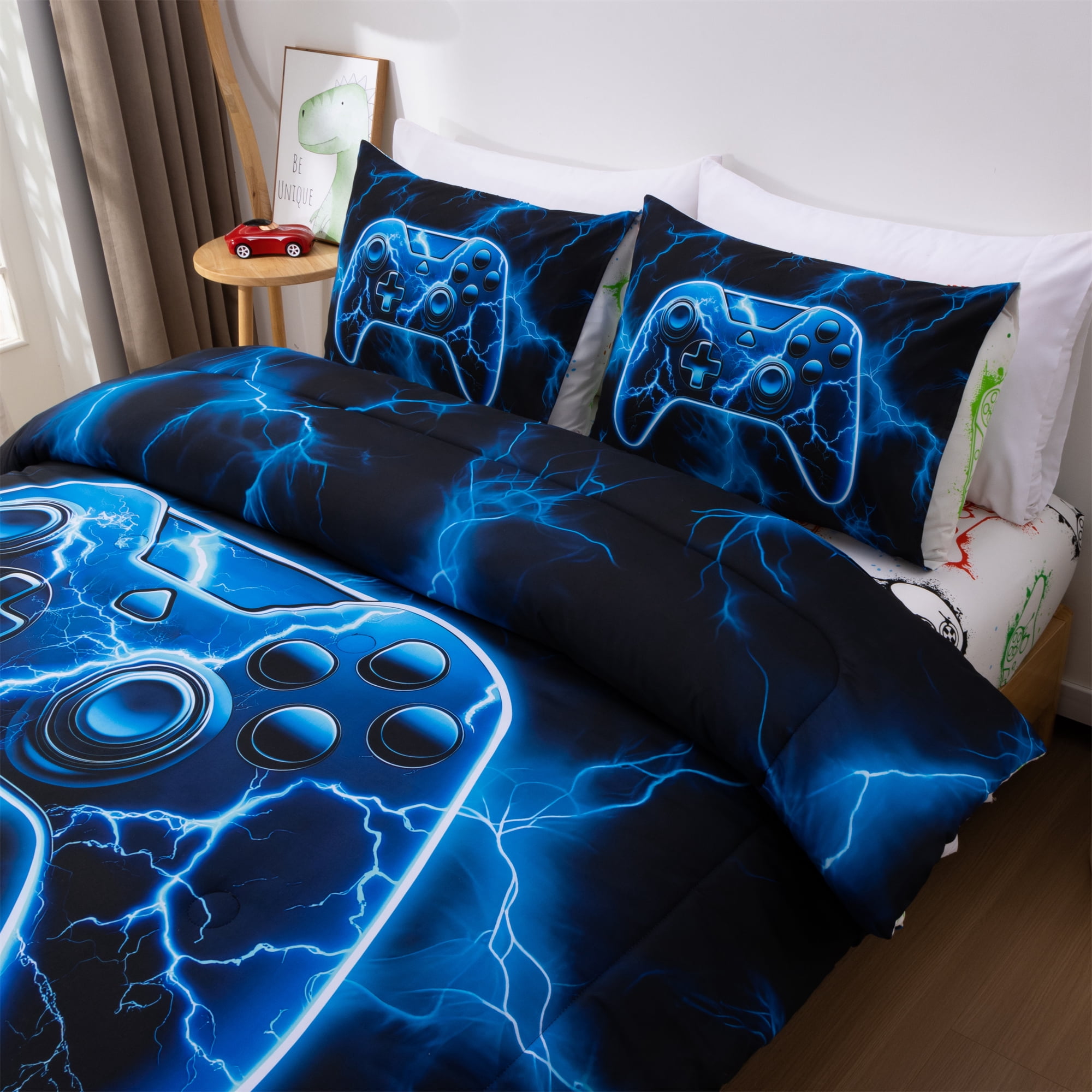 Btargot 3 Piece Gamer Boy Twin Comforter Set Blue Lightning Game Controller Print Kids Bedding Set