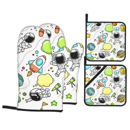 

Oven Mitts and Pot Holders Set Baking 4-Piece Set for Kitchen for Outdoor BBQ Mitts Heat Resistant Cooking Space Graffiti Pattern