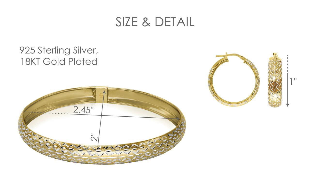 Brilliance Fine Jewelry 18K Gold Plated Sterling Silver Diamond Cut Women's Flex Bangle & Hoop Earrings Set