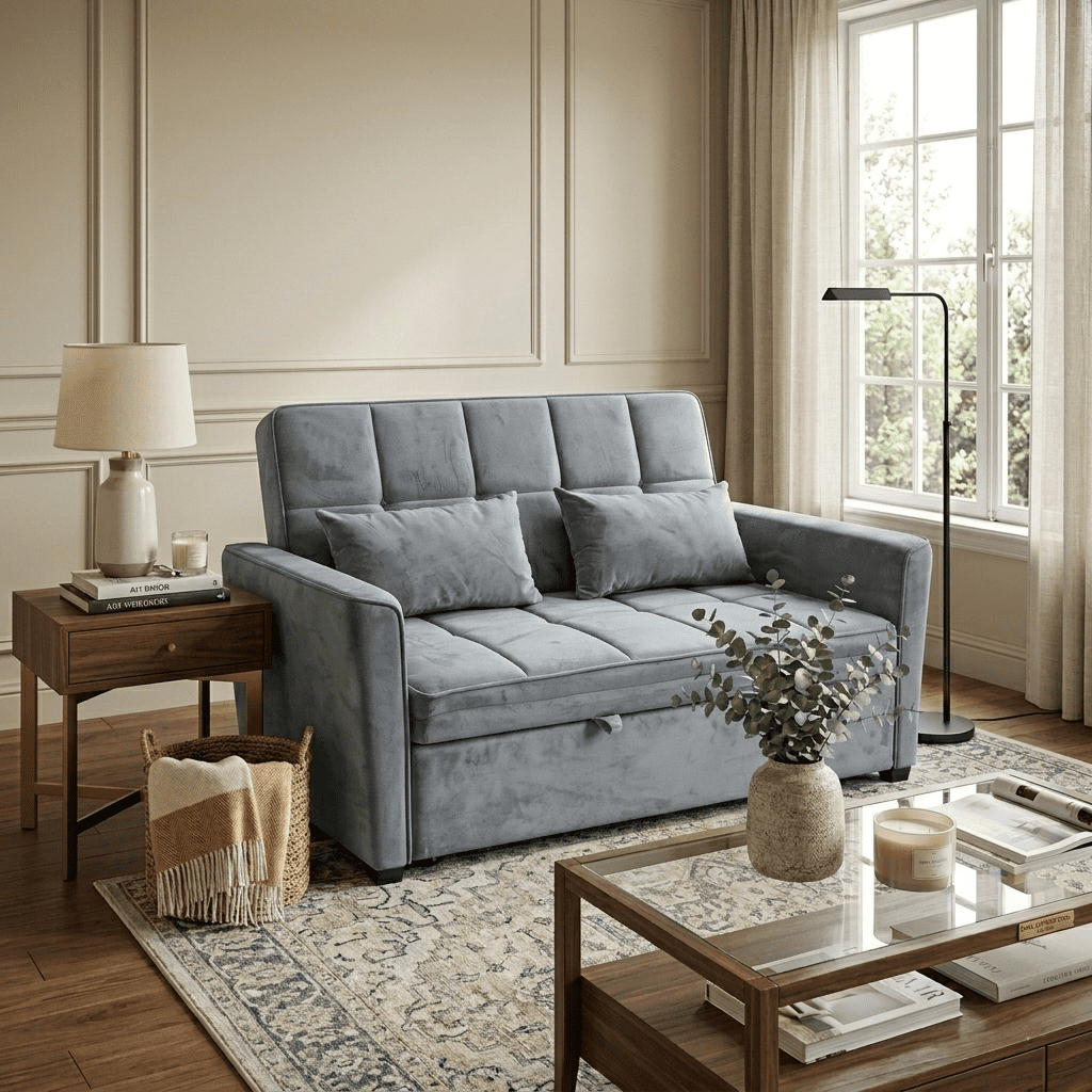 WAKEFIT 54" Pull-Out Sleeper Sofa Bed,3-in-1 Convertible Loveseat Couch with Adjustable Backrest for Small Living Room,Velvet,Light Gray
