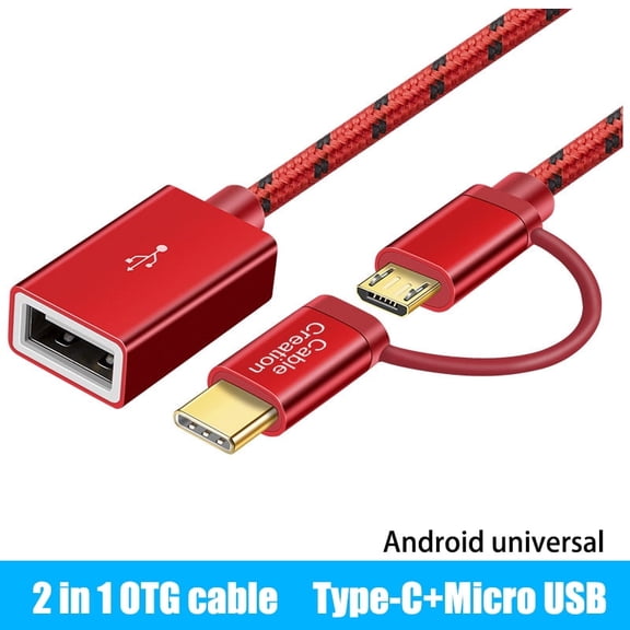 Strhowill USB C to A 2.0 Cable Micro USB OTG Adapter - 2 in 1 Female Male Converter Braided Cord,for Printer Midi Pixel 3XL Tablet Disk Hard Drive Type C Android Phone,L=0.59ft,Red.