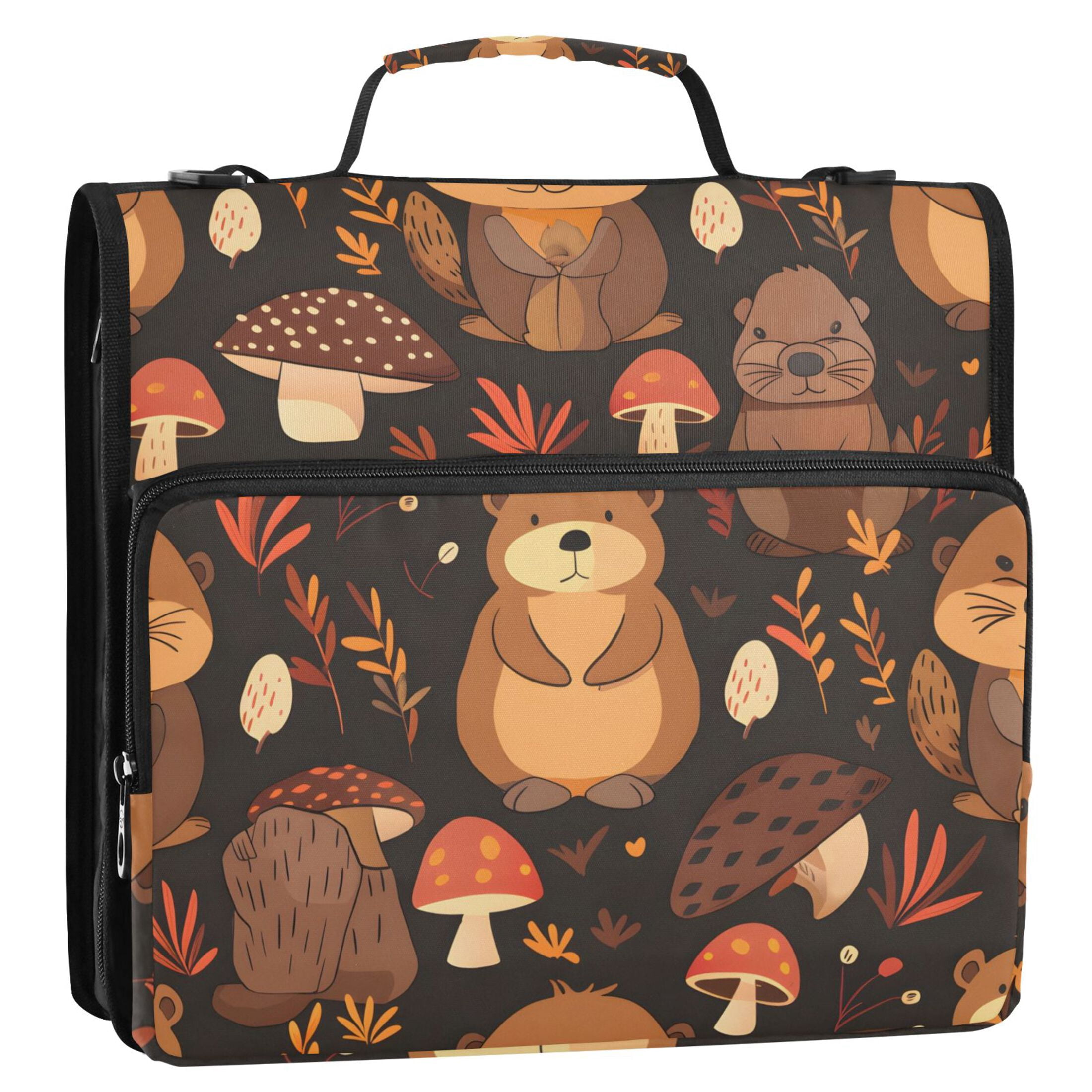 3 Ring Zipper Binder with Shoulder Strap Waterproof Trapper Keeper 2 Inch D-Ring 500 Sheets Capacity Cute Beaver and Mushroom