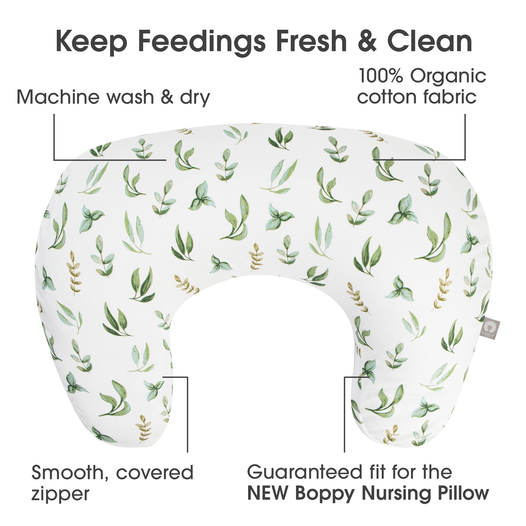 Boppy New Nursing Pillow Organic Cotton Cover, Green Leaves