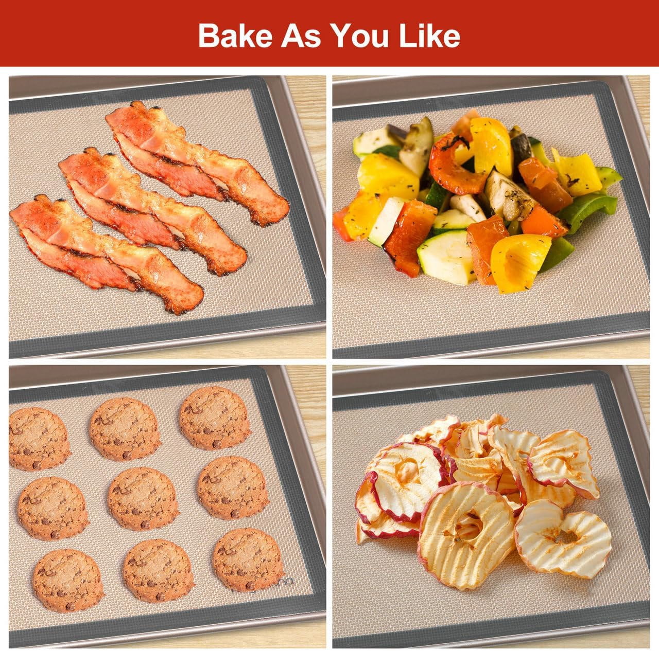 Silicone Baking Mat Set of 6, Non-Stick & Easy Clean Food Grade Reusable Baking Mat, Oven Liner Sheet, Round & Square Cake Mat, Pastry Board Rolling Dough Mats for Macaron Cookie
