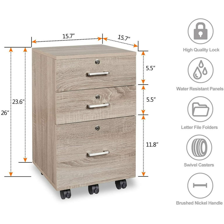 Ktaxon 3 Drawer Rolling Wood File Cabinet With Lock Portable Vertical Mobile Wooden Storage Filing For Home Office Oak Assembly Required Com