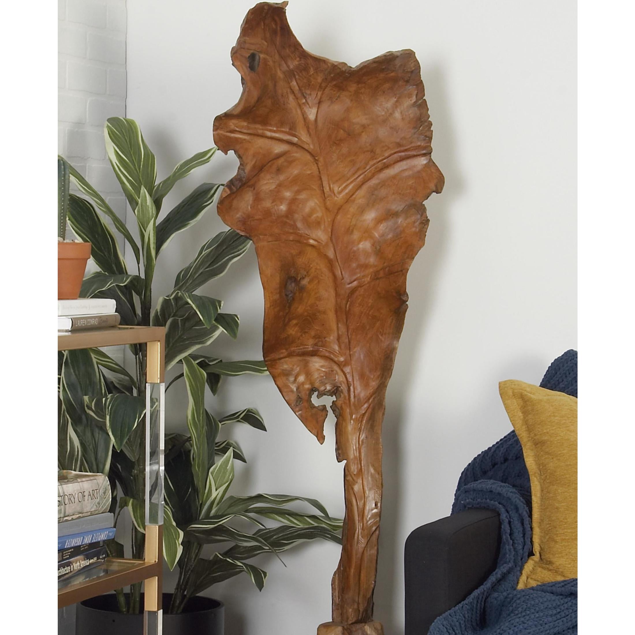 19" x 62" Brown Teak Wood Handmade Live Edge Leaf Sculpture, by DecMode