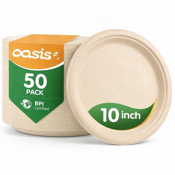 10in Paper Plates,OasisSN 50 Count Disposable Heavy Duty Paper Plates,Bagasse Round Plates,Eco-Friendly Disposable Dinner Plate for Daily use,BBQ,Picnic(Natural)