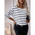 thumbnail image 2 of Womens 3/4 Length Sleeve Tops Striped Boat Neck Shirt Frenchy Cotton Tees Blue S, 2 of 6