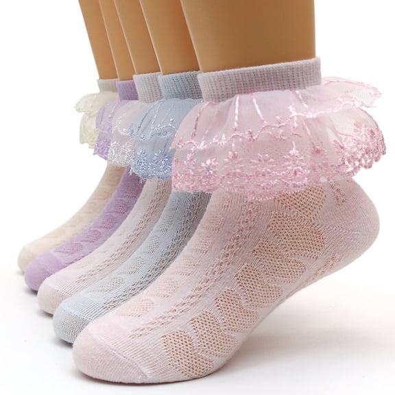 LYMAYTER 5 Pack ‌Baby Girls Socks Ruffle Eyelet Mesh Ankle Soft Dress Kids Princess Socks 1-12Y