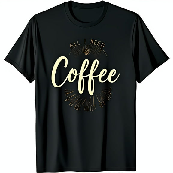Stylish Black T-Shirt with Unique All I Need is Coffee Golden Design
