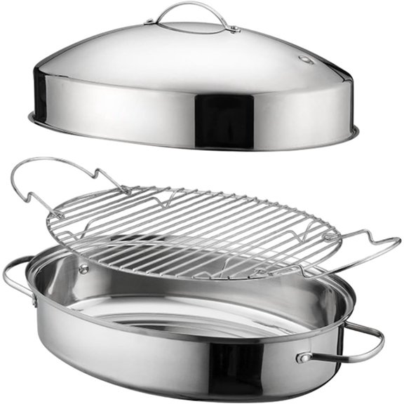 Fish Steaming Pot Roaster 16in Double Handle Easy to Clean Stainless Steel Roasting Pan Food Steamer Cornbread Eggs Potatoes, A
