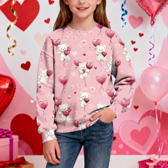 Girls Pink Valentine's Day Sweatshirt - Cute Teddy Bear Heart Print Crewneck Pullover, Soft Stretch Polyester Spandex, 1-15 Years for School & Family Outings,Size 1-2 T