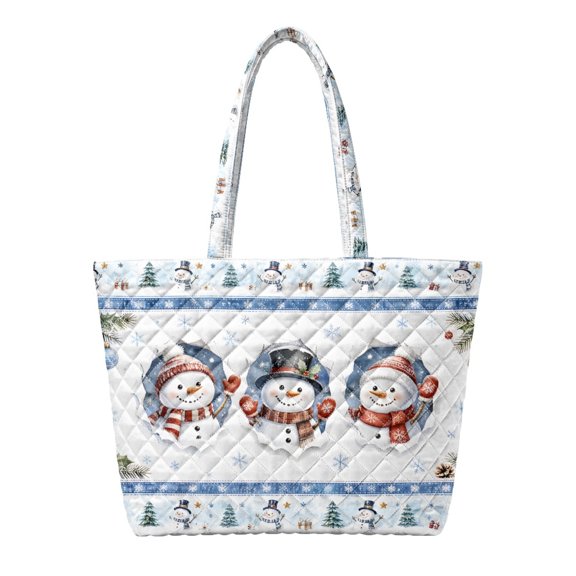 Jeiento Cute Snowman Print Quilted Women's Oversized Shoulder Tote Handbag, Soft Winter Holiday Purse for Christmas Shopping, Work, Travel, Weekend Outings & Seasonal Gift Use