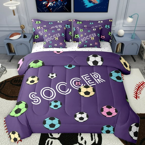 Homewish Kids Soccer Game 7-Piece Twin Bedding Sets,Colorful Football Bedding Comforter Set,Sport Theme Sheet Sets For Boys,Microfiber Bedroom Decor