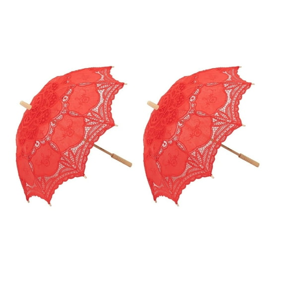 THY COLLECTIBLES Pack of 2 Cotton Lace Parasols Umbrellas with Wooden Handle Vintage Lolita Look for Wedding Bridal Umbrella Decoration for Photoshoot, Costume Theme Party, Halloween Red