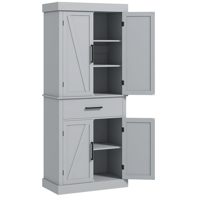 HOMCOM 72" Grey Farmhouse Kitchen Storage Cabinet with Barn Doors, Drawer & Adjustable Shelves – Particleboard & MDF for Living Room or Pantry