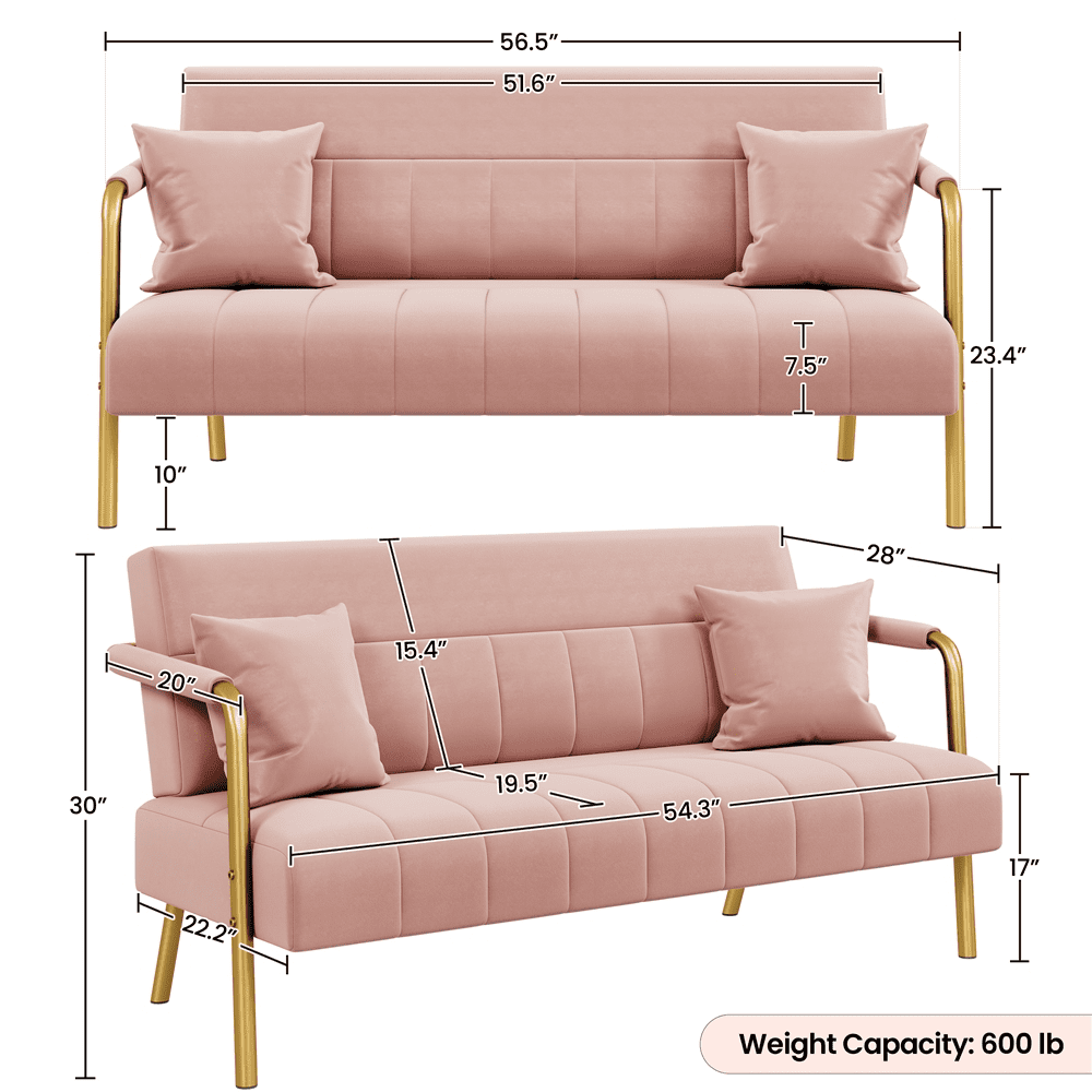 Yaheetech 56 6 W Modern Upholstered Sofa Couch with 2 Pillows Pink