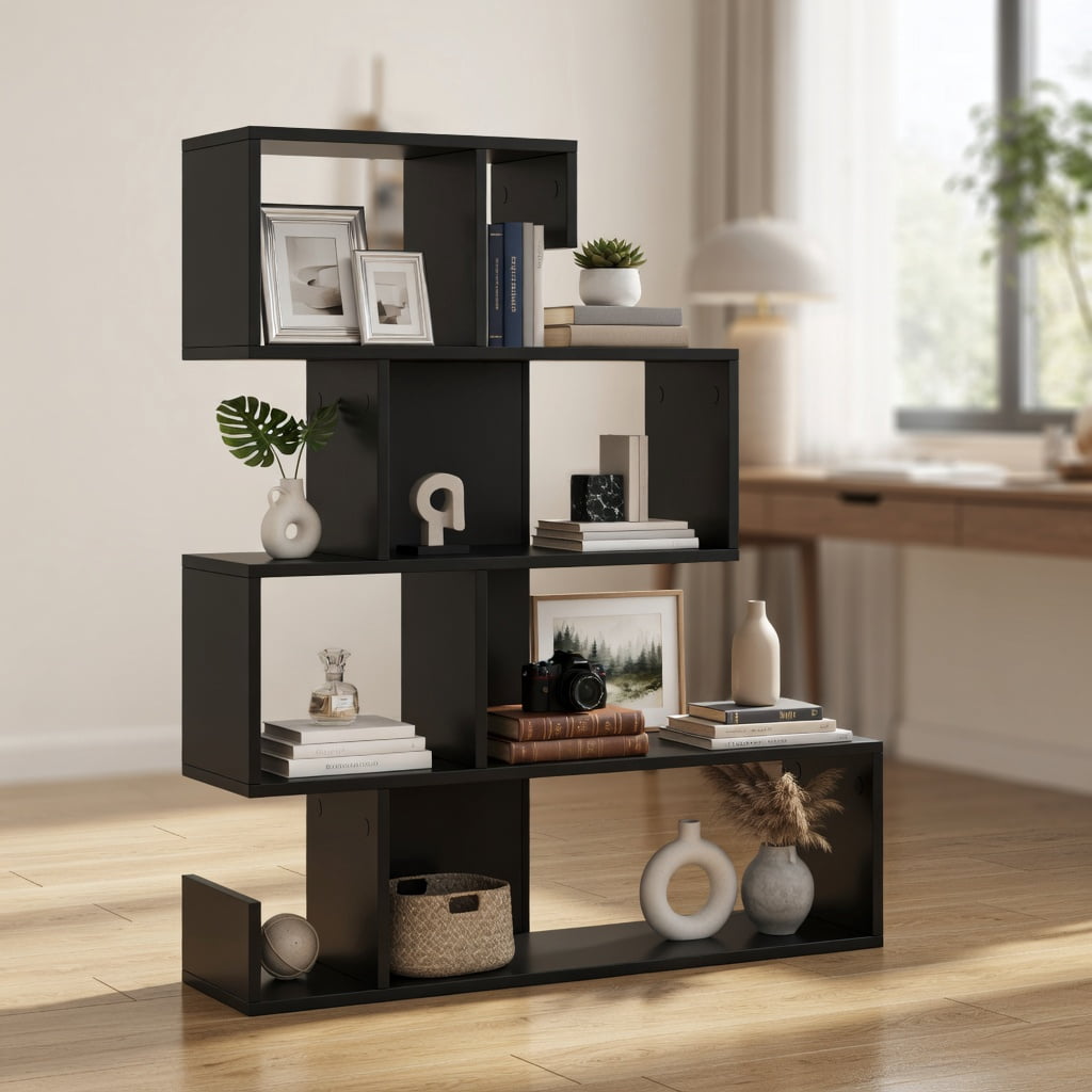 Spaco 5-Tier S-Shaped Bookshelf Geometric Z-Shelf Bookcase with Open Cubes-Black, Tall Bookshelf, Shelves for Living Room, Home Office, Bedroom, Balcony