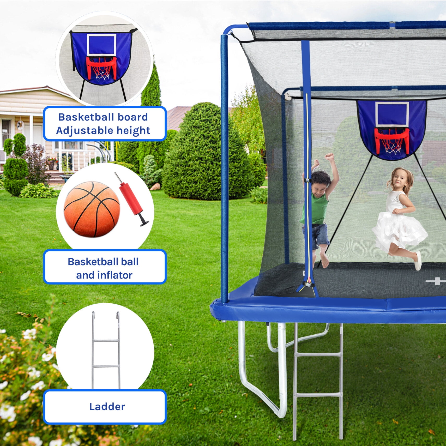 8FT x 12FT Rectangular Trampoline with Basketball Board Ball inflater and Ladder Outdoor Gymnastics Rectangular Trampoline for Kids Blue Walmart