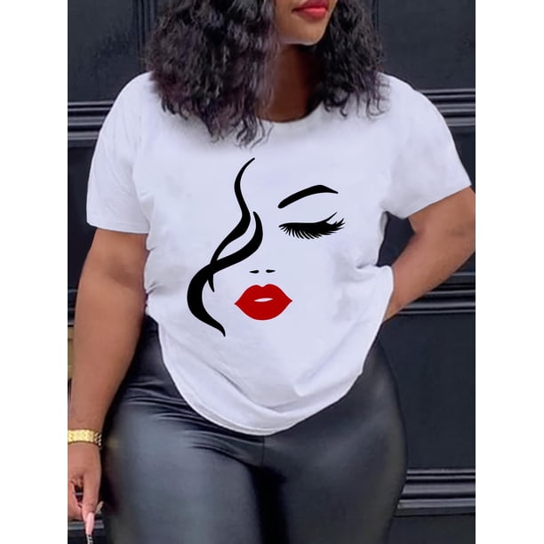 Half Face Woman Print Crew Neck T-Shirt, Casual Short Sleeve T-Shirt For Spring & Summer, Women's Clothing Tee For Adult, Men, Women, Teen, Teenager, Adolescent, Youth