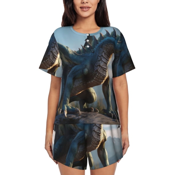 Fotbe Wild Blue Cool Dragon Conjunto de Pijama Estampado para Mujer, 2 Piezas, Ropa de Dormir con Camiseta de Manga Corta y Shorts Suaves-3X-Large
