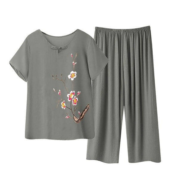 Women Plus Size Pajamas Two Piece Linen Sleepwear Set Short Sleeve Floral Wide Leg Pants Loose Vintage Pjs Pajama Sets Gray, 3XL