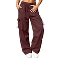 thumbnail image 2 of Mifsaly Women's Cargo Pants High Waisted Parachute Pants Lightweight Relaxed Fit Baggy Athletic Joggers with Pockets for Outdoor Camping and Streetwear Wine,XL, 2 of 7