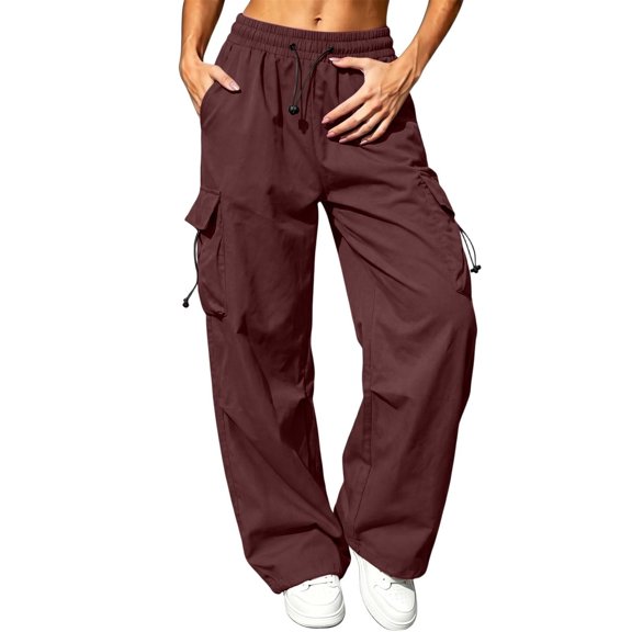 BNOXUT Women's Cargo Pants Drawstring Elastic High Waist Wide Leg Quick-Dry Casual Hiking Workout Outdoor Trousers with Multi-pocket(X-Small,Wine)