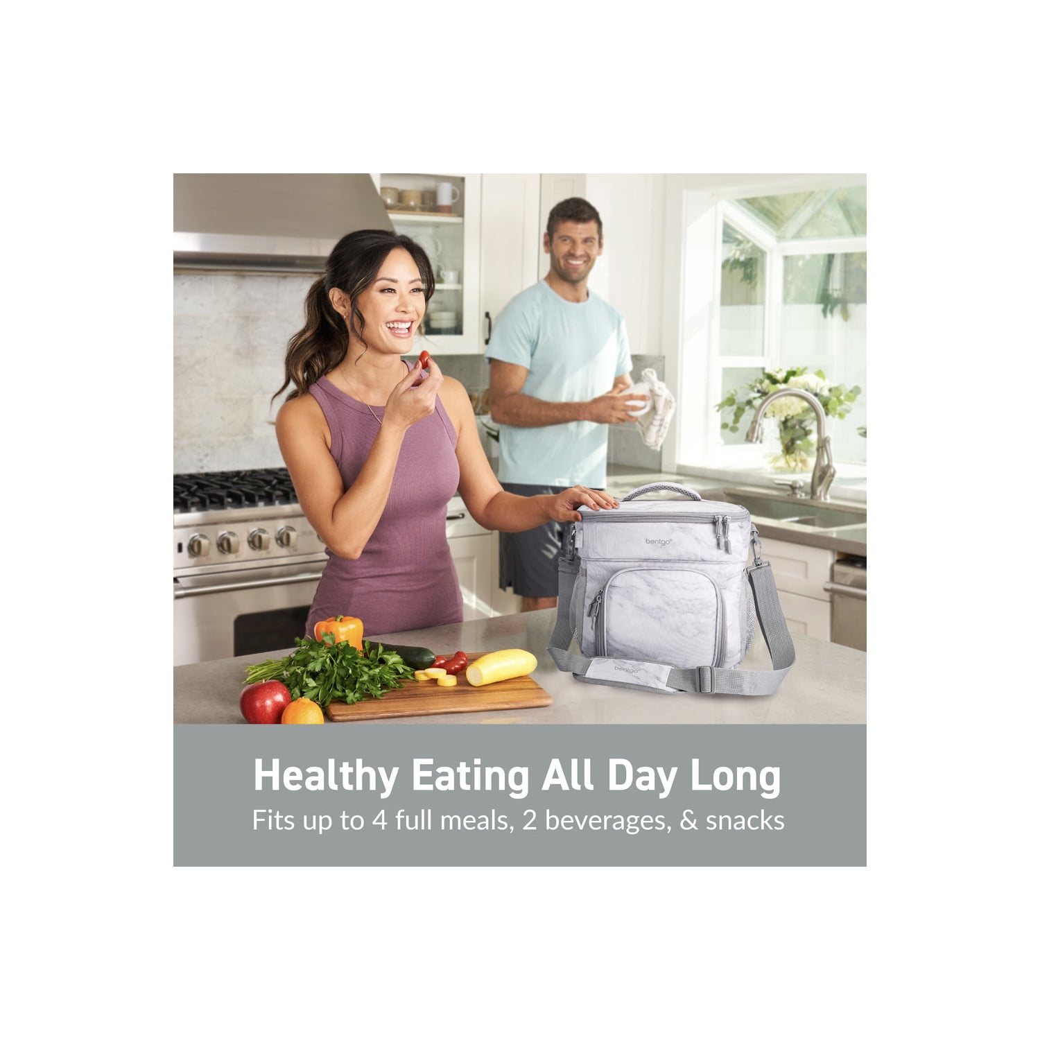 Bentgo Prep Deluxe Insulated Multimeal Bag - Lunch Box Bag, Holds 5 Meals, Premium Insulation up to 8 Hrs, Durable, Water-Resistant - Large Capacity For Adult Meal Prep (White Marble)