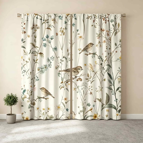 1 Pair Floral Bird Print Curtains Light Filtering Window Drapes Rod Pocket for Living Room Bedroom 41.7x84.3 Inch