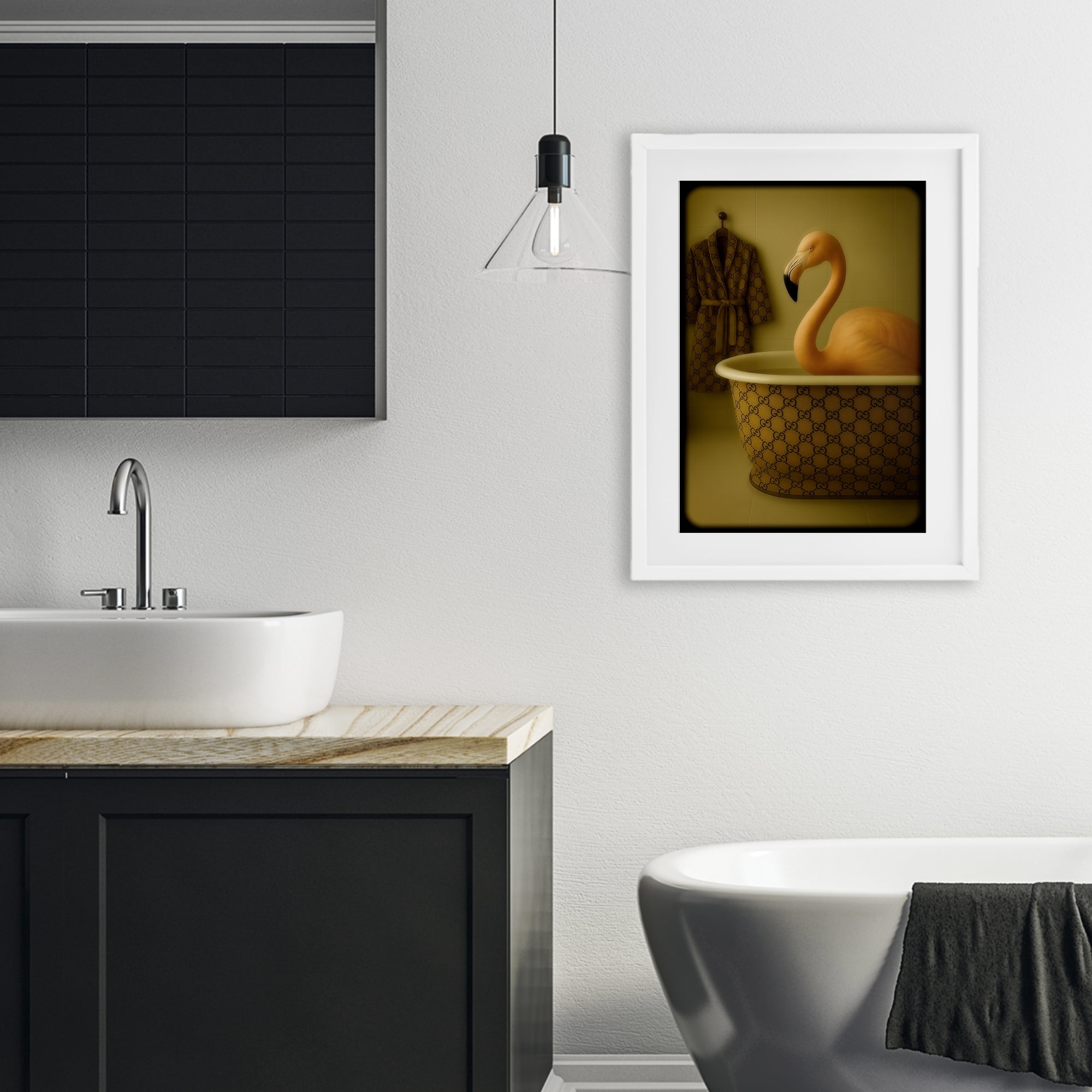 Stupell Industries Couture Flamingo in Luxury Tub White Framed Print Under Glass, design by Grotto Studios