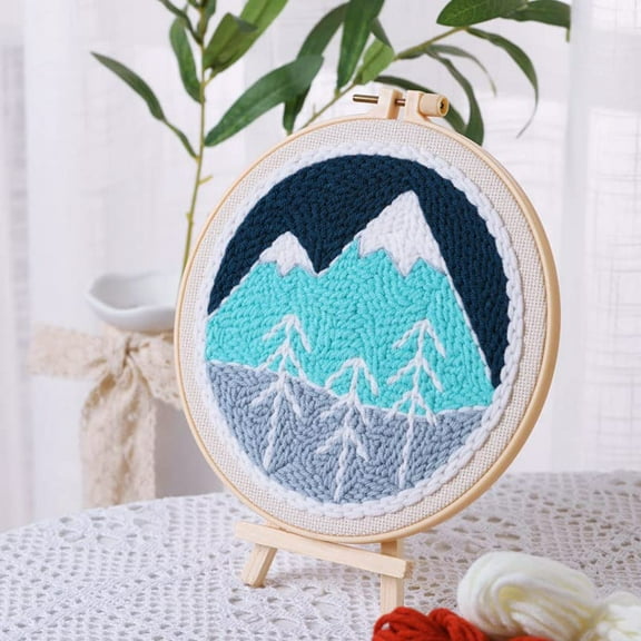 Punch Needle Embroidery Starter Kits for Kids and Adults Beginners with Punch Needle Tool,Threader, Stamped Fabric Embroidery,Hoop,Hills & Trees Yarn Rug Punch Needle