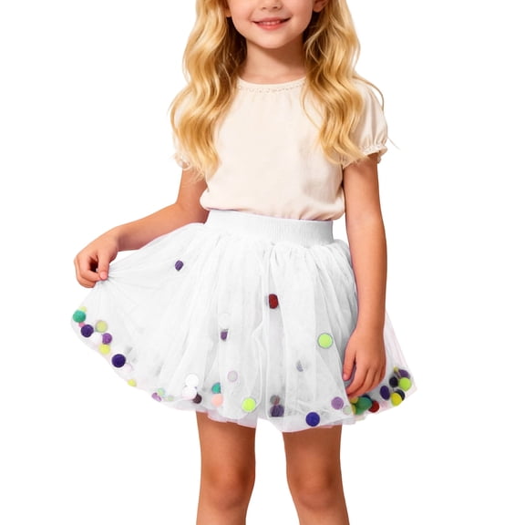 ZHOUCHANKIDS Girls Ballet Dance Skirt Party Tutu with Colorful Pompoms for Kids Toddlers Girls' Polka Dot Tutu Glitter Ballet Triple Layer Tulle Dance Skirt White 2-3 Years