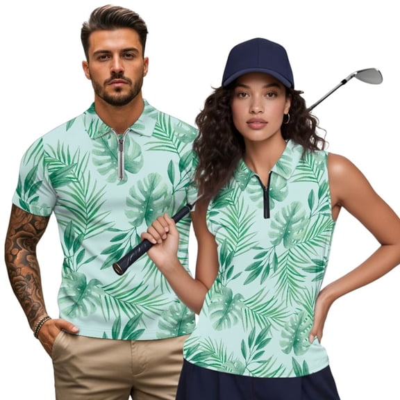 Jeiento His and Hers Matching Golf Shirts, Moisture Wicking Quick Dry Men's Short Sleeve Shirts & Women's Sleeveless Tank Top for Golf Tennis Outdoor Summer Sports, Tropical Palm Leaf Print