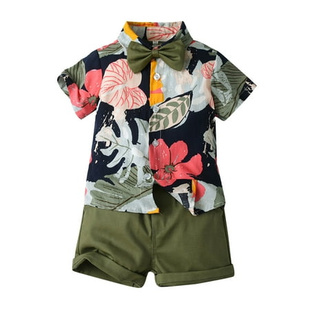 

B91xZ Baby Boy Clothes Toddler Boys Short Sleeve Floral Prints T Shirt Tops Shorts Child Kids Gentleman Outfits AG Size 2-3 Years