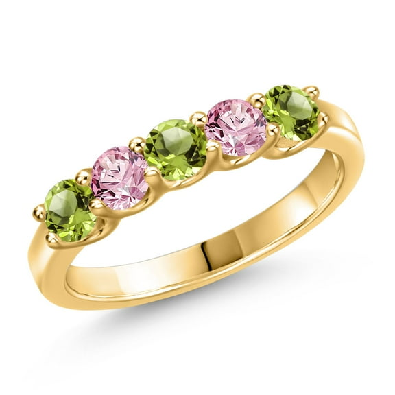Gem Stone King 18K Yellow Gold Plated Silver Green Peridot and Pink Lab Grown Diamond Wedding-Bands Ring for Women | 0.98 Cttw | Round 3.5MM | Gemstone August Birthstone | Size 5