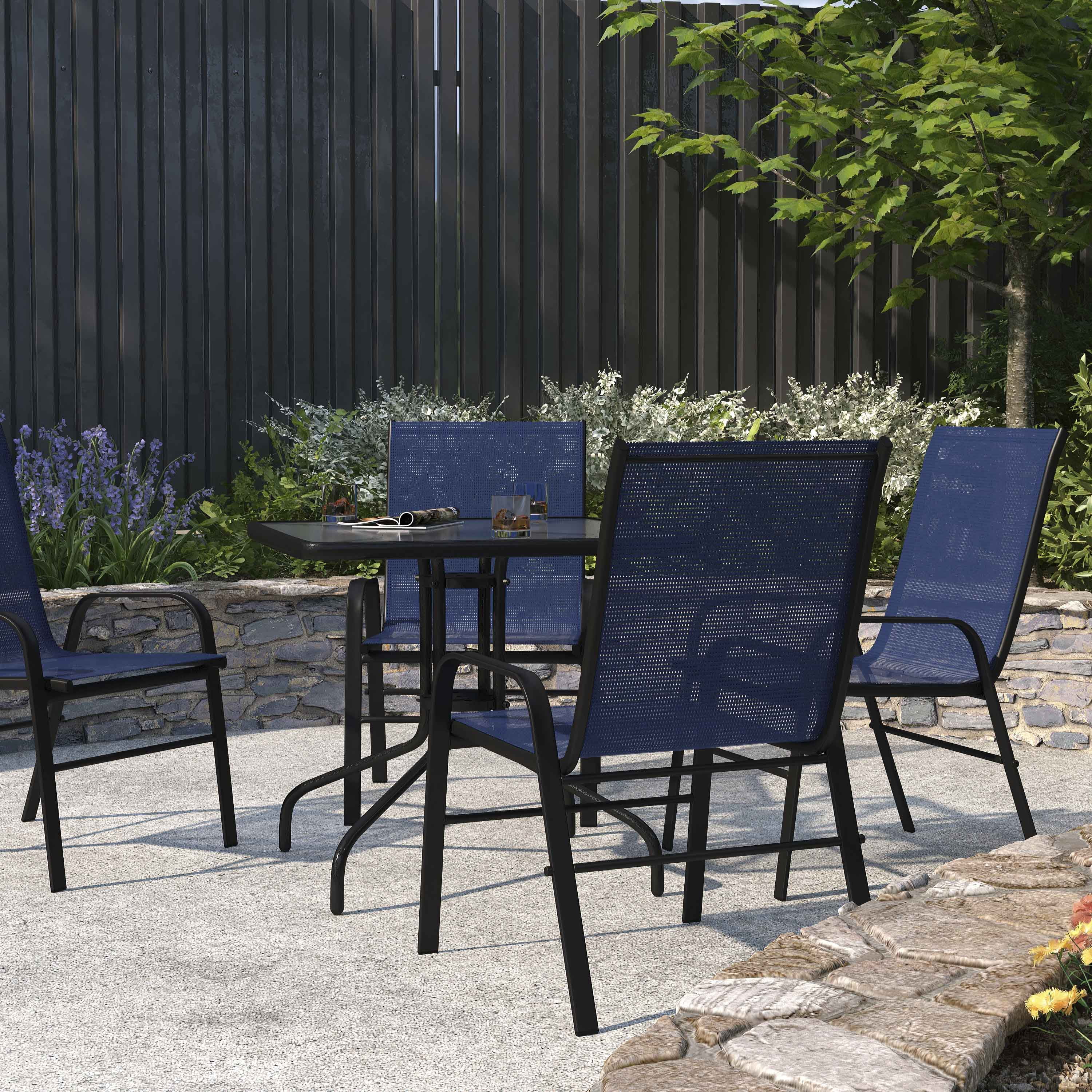 Merrick Lane Set of 4 Metal Stacking Patio Chairs with Navy Flex
