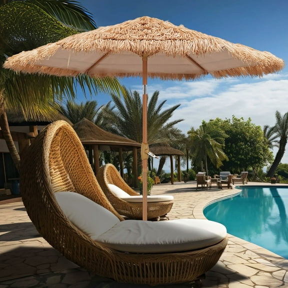 Autlaycil 7.5FT Grass Tiki Patio Umbrella Outdoor Table Umbrella with Push Button Tilt and Crank