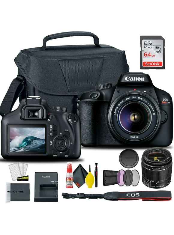 Canon EOS 4000D / Rebel T100 DSLR Camera with 18-55mm Lens + Creative Filter Set, EOS Camera Bag + SanDisk Ultra 64GB Card + 6AVE Electronics Cleaning Set, and More (International Model)