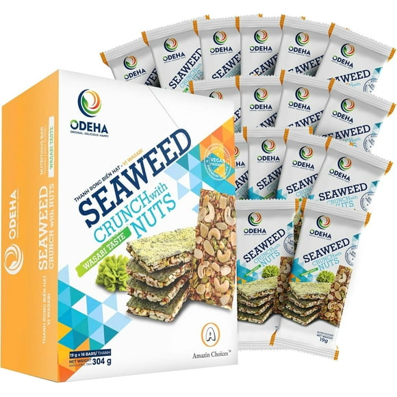 AMAZIN CHOICES Seaweed Crunch with Nuts Wasabi Taste – Healthy Seaweed Snack Bars with Cashews, Almonds & Pumpkin Seeds – Daily Snack, School Snacks, Vegan Snack Viet Packs - 10.72oz (16 ct x 19gam)