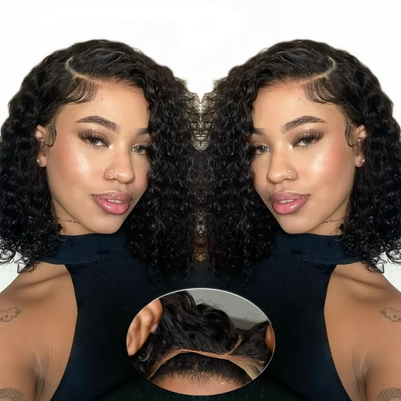 Perruques Courtes Bouclées pour Femmes Noires Porter et Aller Côté Perruque Vague Profonde Cheveux Humains Perruques Sans Colle Cheveux Humains Pré-Plunchés Pré-Découpés Humides et Ondulés Perruque en Dentelle Noire Naturelle