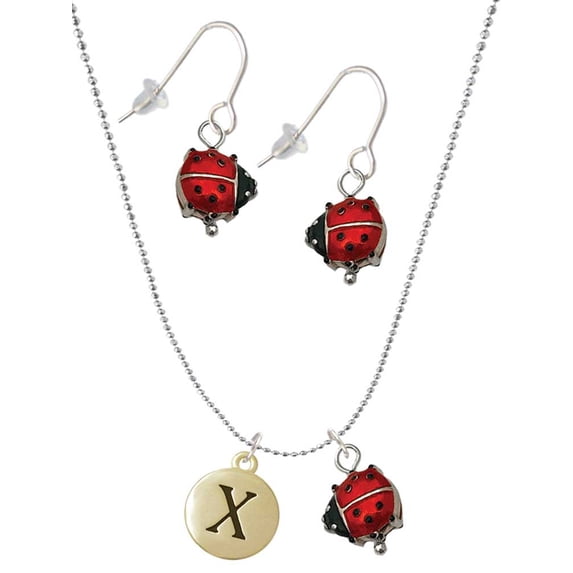 Delight Jewelry Goldtone Capital Letter - X - Pebble Disc - Red Lucky Ladybug Necklace and Dangle Earrings Set