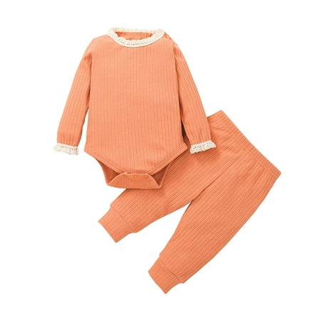 

TAIAOJING Baby Girl Clothes Solid Lace Splice Ribbed Romper+Pants Set Fall Outfits 12-18 Months
