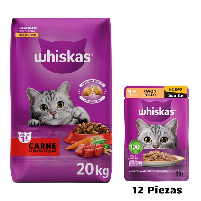 Whiskas Original Carne 20 kg + Caja Whiskas Sobre Gato Souffle Pavo y Pollo 85 g (12 Pzas)