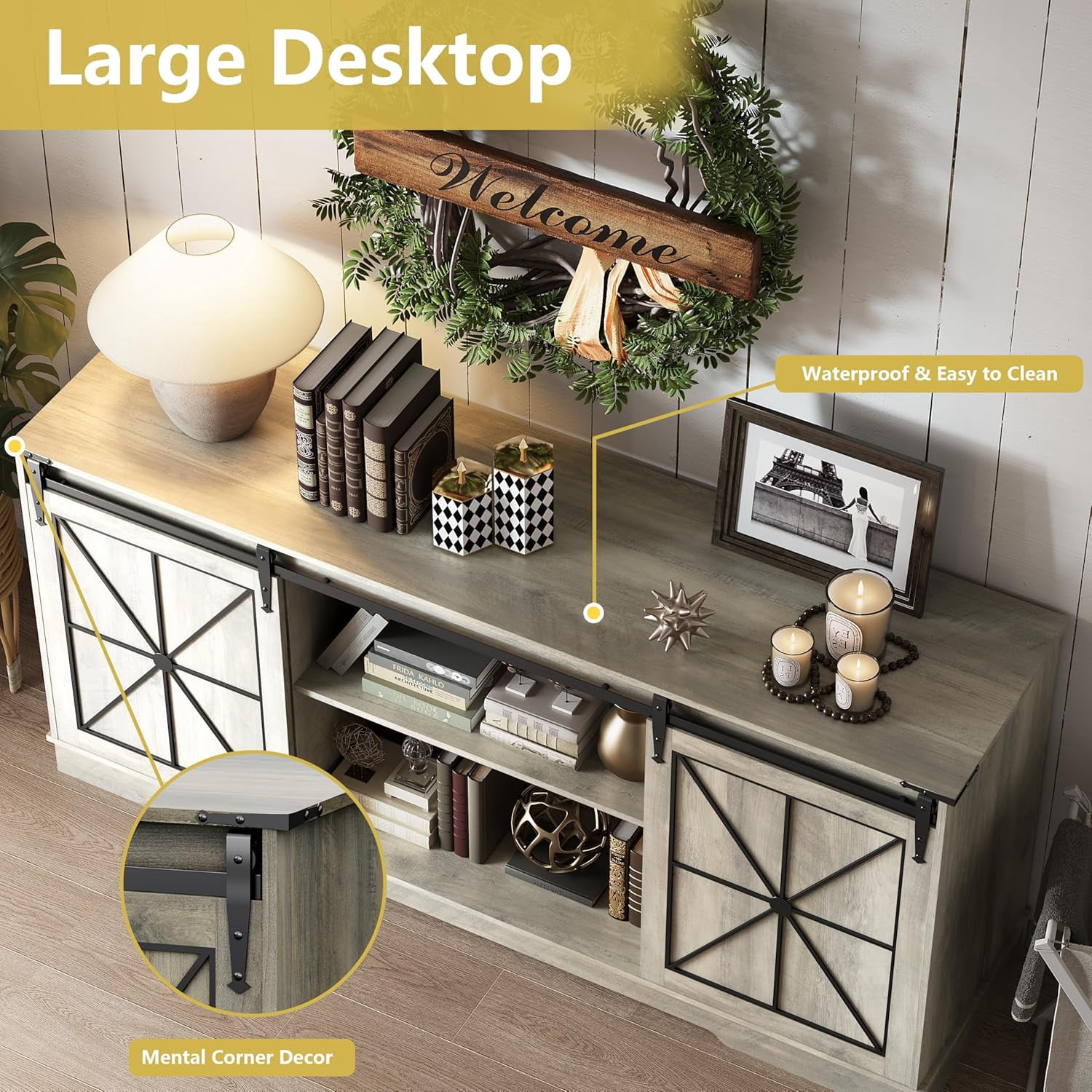 FANRAL Farmhouse TV Stand with Sliding Barn Doors,Rustic Entertainment Center for 65 Inch TV,Media Console with Storage Cabinets & Cable Holes for Living Room,Gray TV Stand