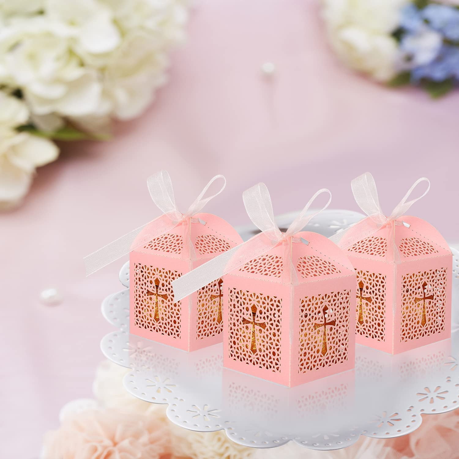 70 Pack Baptism Favor Boxes,Laser Cut Candy Boxes with Ribbons, Party