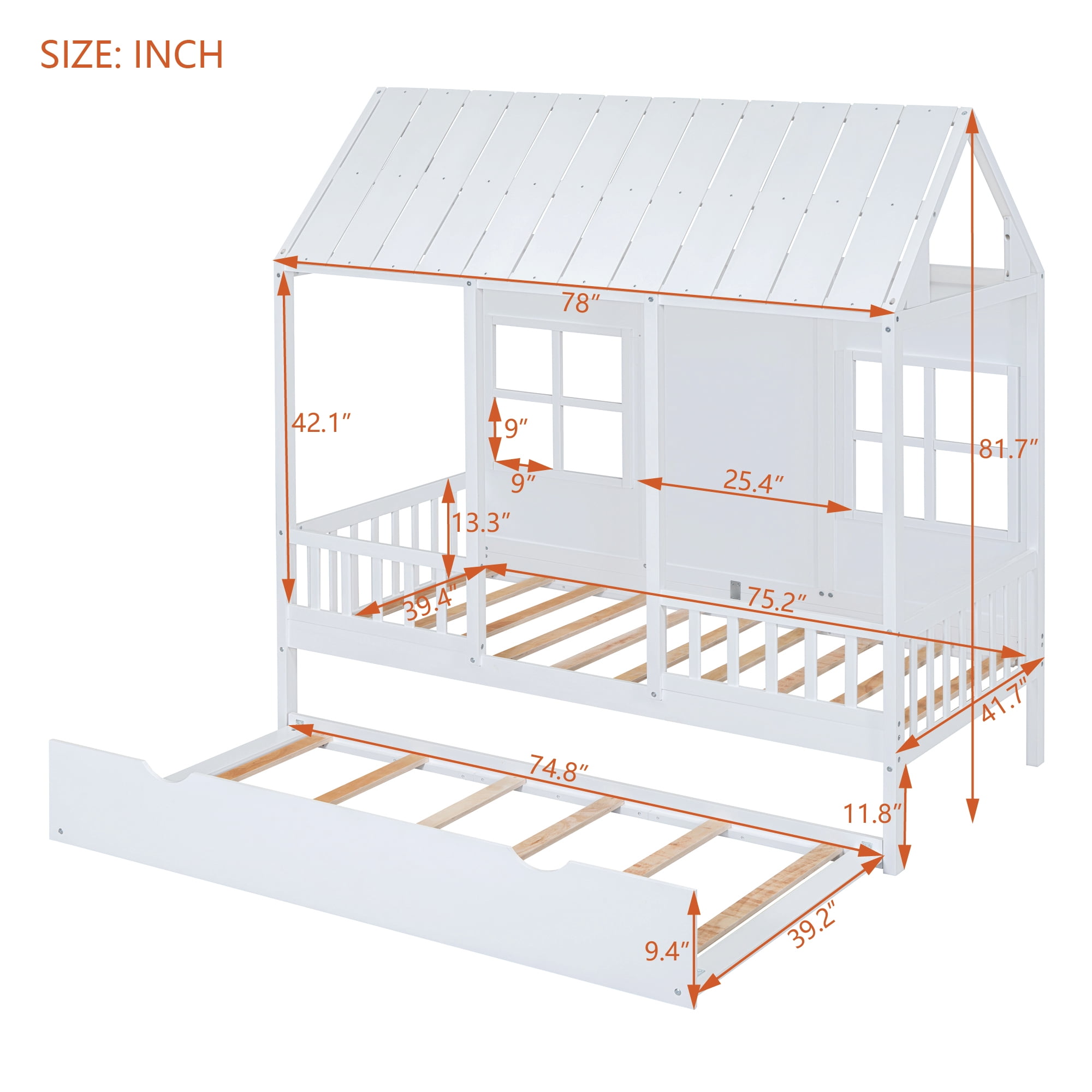 Harper & Bright Designs House Bed with Trundle Twin House Bed, Wooden Platform Bed Frame with Headboard and Roof for Girls Boys, White