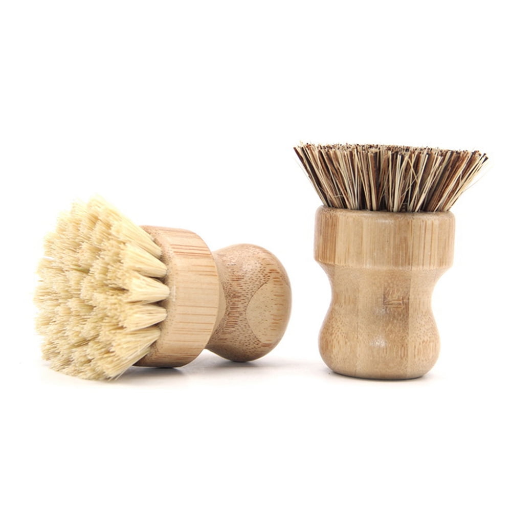 Palm Pot Brush- Bamboo Round 3 Packs Mini Dish Brush Natural Scrub Brush  Durable Scrubber Cleaning Kit with Union Fiber and Tampico Fiber for  Cleaning