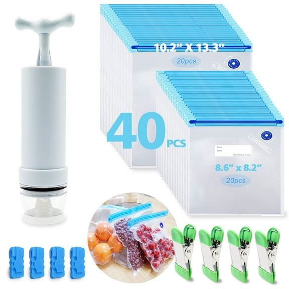 Sous Vide Cooking Bags for Joule and Anova Cookers | BPA-Free Reusable Vacuum Seal Food Bags with Air Valve | Freezer Safe Vacuum Food Storage Bags with Upgraded Hand Pump (40 Counts)